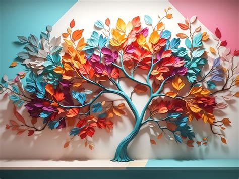 Árbol colorido con hojas vibrantes colgando ramas ilustración fondo