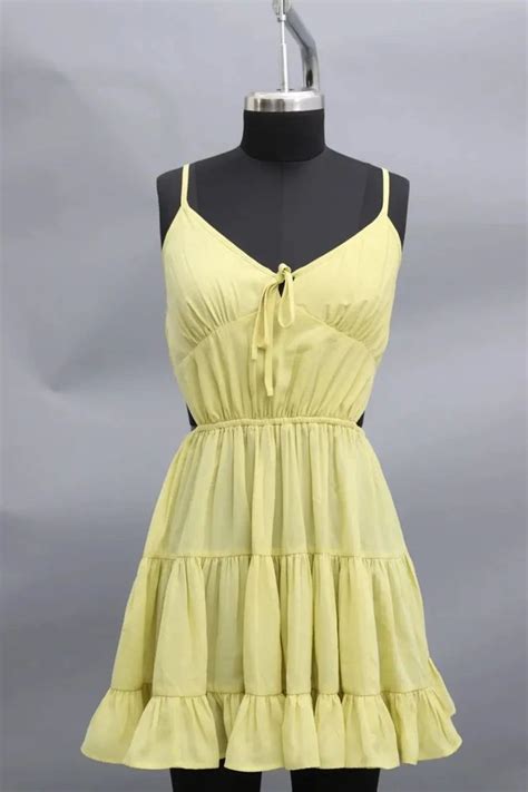 Plain Yellow Beautiful Tiered Dress With Back Smocking Western Wear At