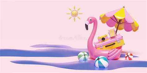 Inflatable Flamingo With Beach Yellow Suitcase Camera Chair Umbrella Sun Copy Space Isolated On