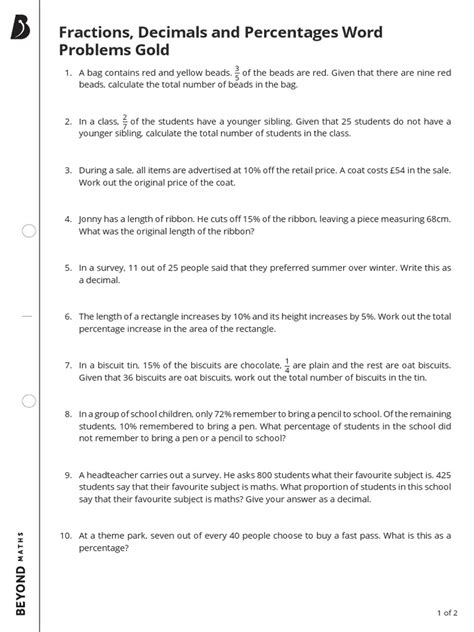 Percentage Word Problems Worksheet Worksheets Library