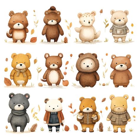 Premium PSD | Cute cartoon bear collection with autumn leaves Vector ...