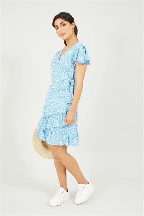 Mela Blue Ditsy Daisy Wrap Effect Frill Dress