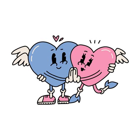 Retro Cartoon Heart Characters Couple Hugging Cute Love Symbols With