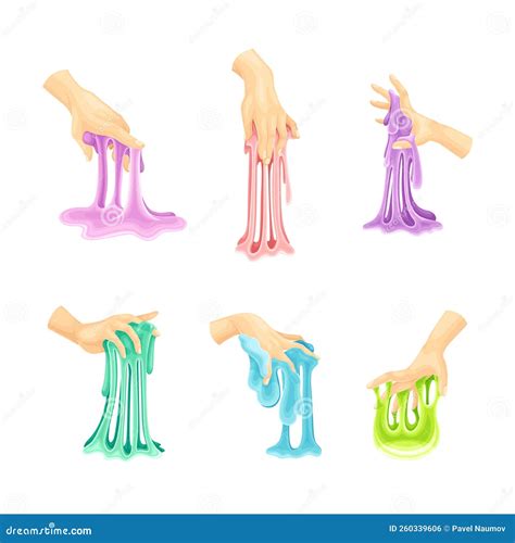 Human Hands Playing Colorful Slime Set Sticky Bright Liquid Hand Gum Sticky Dripping Mucus