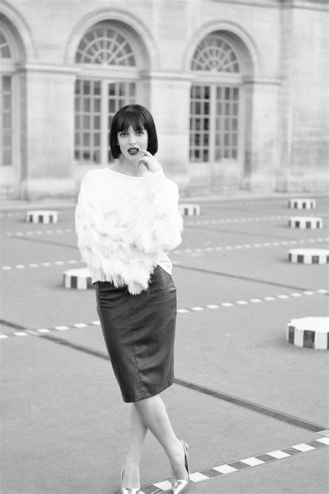 Caucasian Stylish Brunette Girl Outside Stylish Brunette Girl In The Street Stock Photo Image