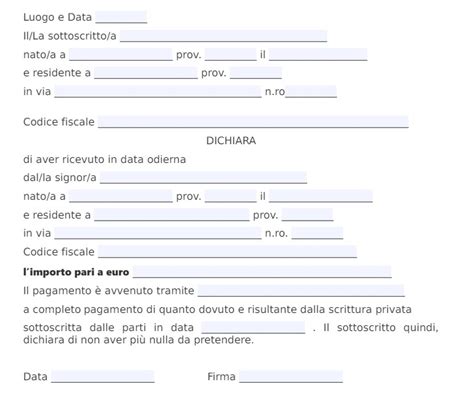 FAC SIMILE RICEVUTA DI PAGAMENTO TRA PRIVATI WORD E PDF