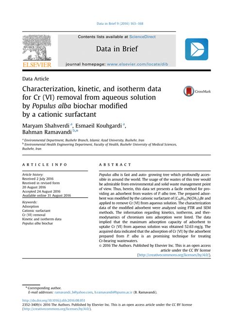 Pdf Characterization Kinetic And Isotherm Data For Cr Vi Removal