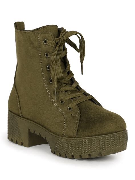 Weeboo Womens Faux Suede Round Toe Lug Sole Lace Up Platform Combat