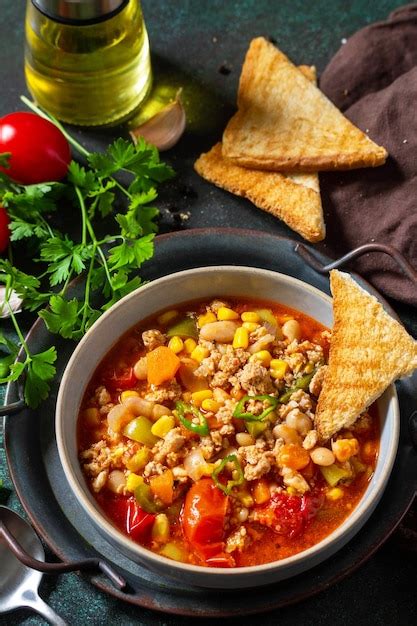 Premium Photo Traditional Mexican Food Chili Con Carne Minced Meat With Vegetables On Dark