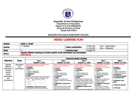 WLP English 4 Quarter 1 WEEK 7 Republic Of The Philippines Department