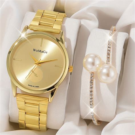 Womens Watch Luxury Golden Quartz Watch Faux Pearl Temu Portugal