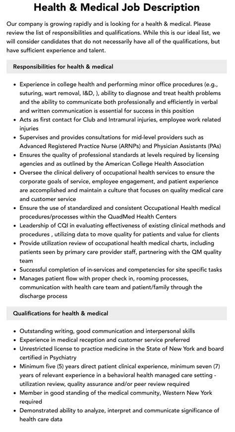 Health Medical Job Description Velvet Jobs