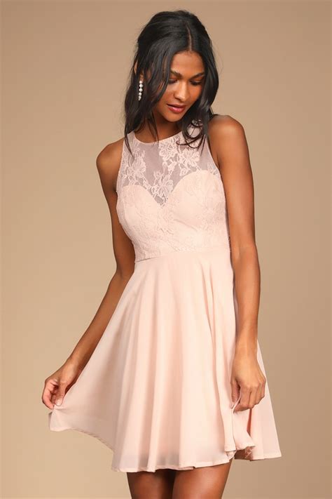 Blush Pink Dress Lace Mini Dress Sleeveless Skater Dress Lulus