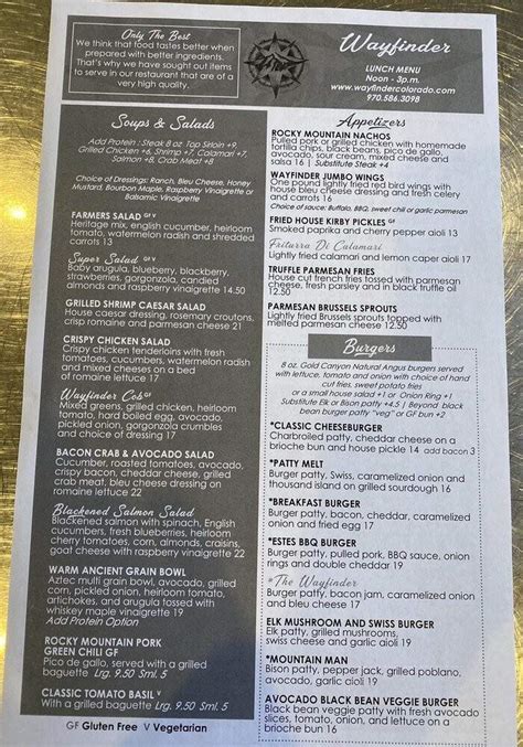 Menu Of Wayfinder In Estes Park Co 80517