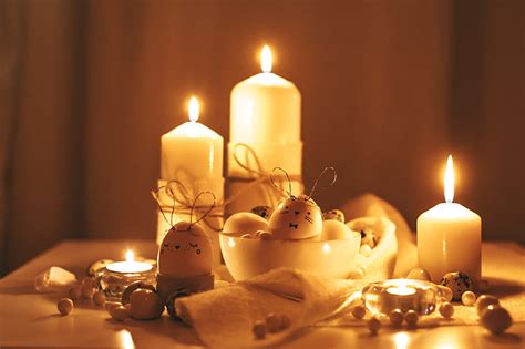 Lighted Candles And Painted Eggs On Golden Background Hd Wallpaper