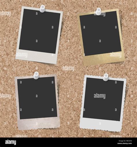 Blank Instant Photo Frames Pinned To Cork Board Background Stock Vector