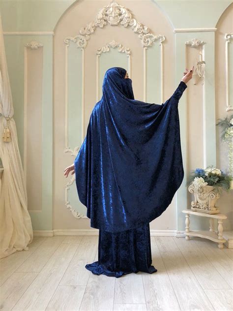 Navy Blue Velvet Jilbab Suit With Skirt Transformer Khimar Niqab