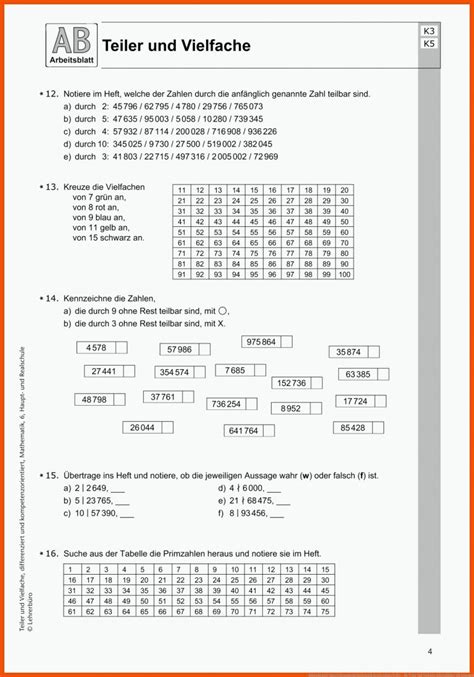 Teiler Und Vielfache Arbeitsbl Tter Mit L Sungen Mathe Arbeitsbl Tter