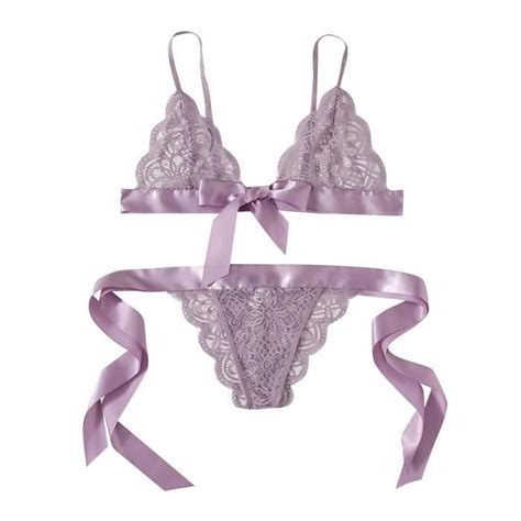 Femmes Soutien Gorge Sexy Underpant Festonné Garniture Cravate Côté Dentelle Ensemble Lingerie