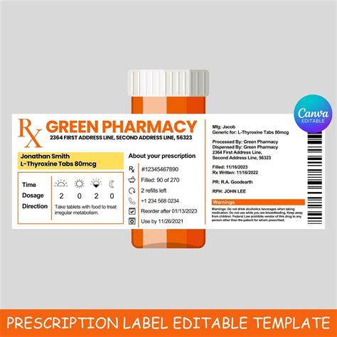 Editable Prescription Label Template Printable Editable Horizontal RX Bottle Pill Bottle Label ...