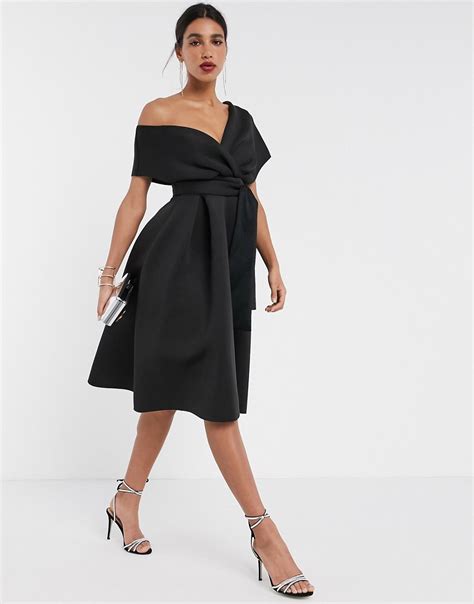 Asos Design Fallen Shoulder Midi Prom Dress With Tie Detail In Black