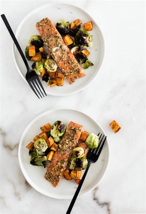 Sheet Pan Maple Dijon Salmon With Brussels Sprouts And Sweet Potatoes