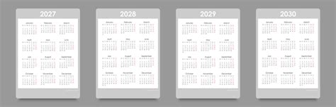 Calendar for 2027, 2028, 2029, 2030. Week starts on Monday, vertical ...