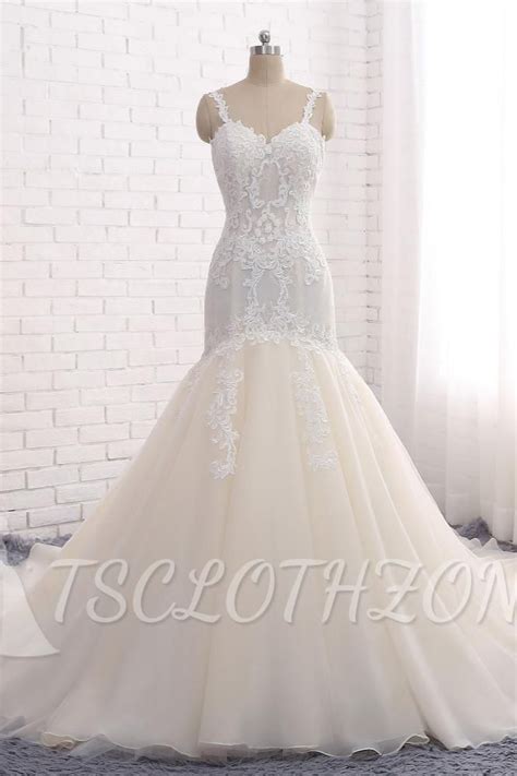 Tsclothzone Affordable Strapless Mermaid Tulle Lace Wedding Dress