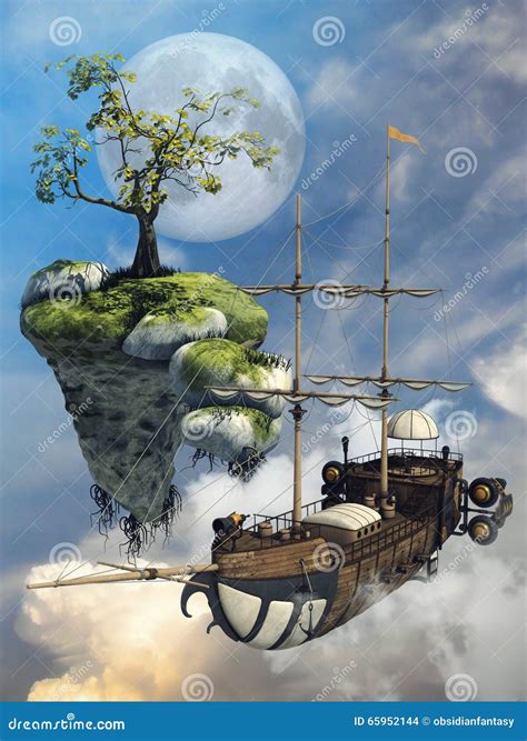 Fantasy Flying Ship And Island Stock Illustration Illustration Of