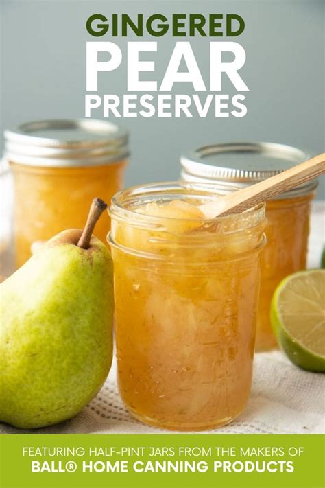 Two Jars Filled With Pear Preserves Sitting On Top Of A Table Next To Limes