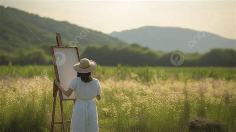 여성 예술가가 야외에서 이젤에 그림을 그리고 있습니다 초원에서 화이트보드를 들고 있는 여자 고화질 사진 사진 하늘 배경