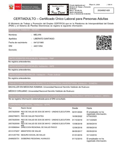 Certificado Unico Laboral Melvin | PDF | Documento de identidad | Gobierno