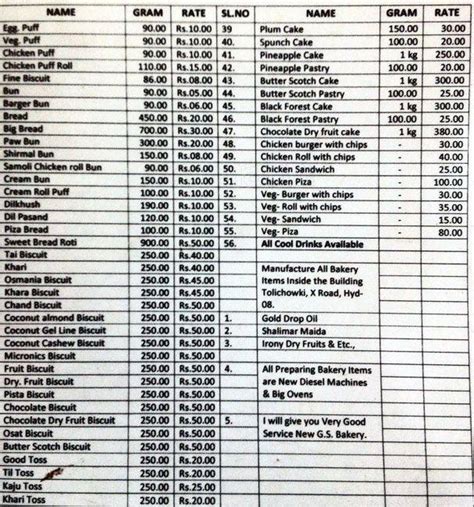 New G S Bakery Menu Menu For New G S Bakery Tolichowki Hyderabad