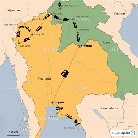 StepMap Thailand Laos Reiseroute Landkarte für Asien