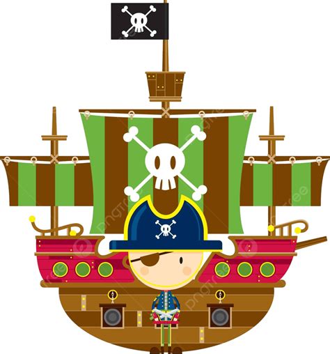 Cute Cartoon Pirate Captain With Ship Sailor Sails Buccaneer Vector