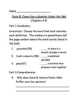 Junie B Jones Has A Monster Under Her Bed Comprehension And Vocabulary