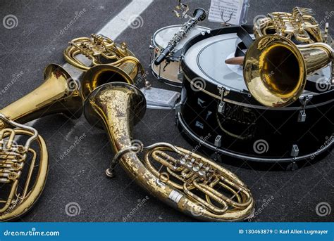 Collection Of Brass Instruments Outdoors Stock Image Image Of March