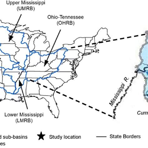 Mississippi River Basin boundaries and location of the study area ...