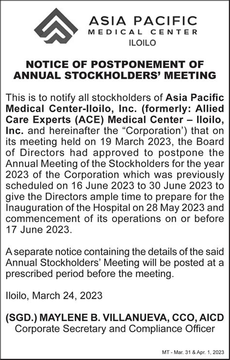 Asia Pacific Medical Center Iloilo Inc Announces Its Notice Of