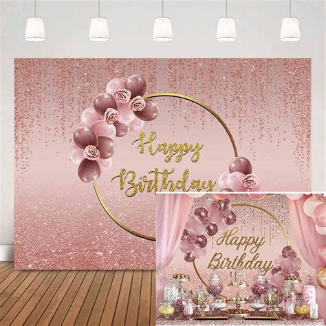 Glitter Happy Birthday Backdrop Pink Shiny Rose Birthday Background For Girls Balloons Gold Ring