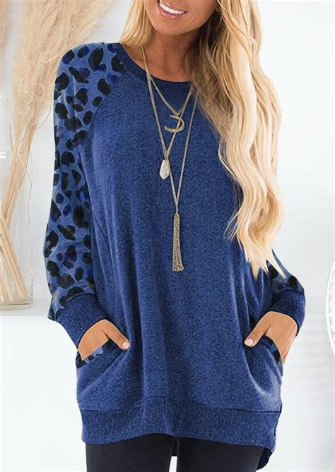 Leopard Printed Splicing Pocket Blouse Without Necklace Blue