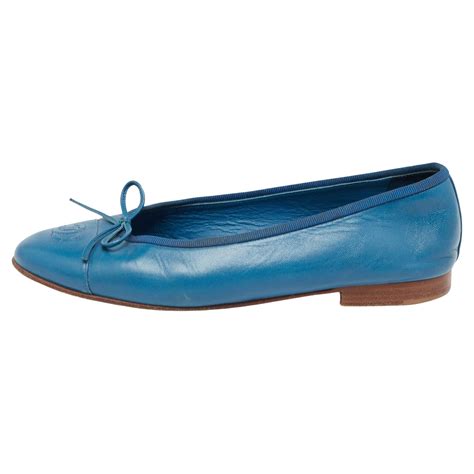 Chanel Blue Leather Bow Cc Cap Toe Ballet Flats Size 385 For Sale At