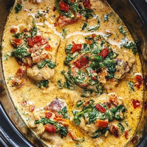 Crockpot Tuscan Garlic Chicken Thighs With Spinach And Sun Dried Tomatoes Keto Crockpot