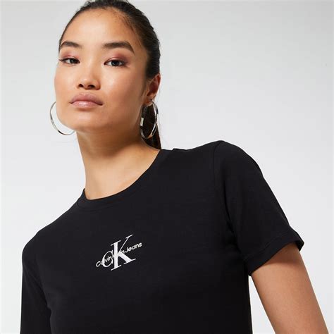 Calvin Klein Monogram Logo Slim Fit Kadın Siyah T Shirt Kadin T Shirt