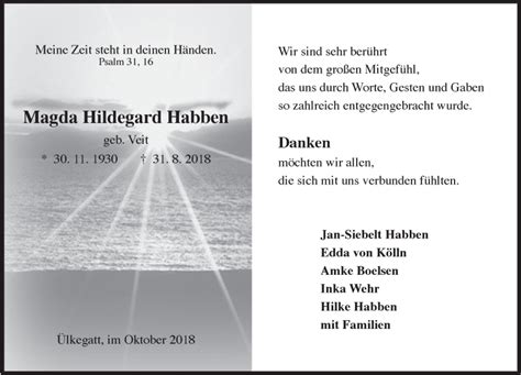 Traueranzeigen Von Magda Hildegard Habben Nordwest Trauer De