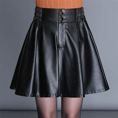 2017 Autumn Winter New Women Mini Skirt Elastic High Waist Pu Leather Skirt Casual A Line Ladies