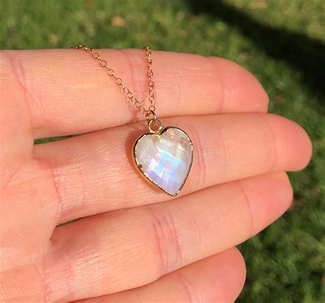 Moonstone necklace, rainbow moonstone heart pendant, gold heart necklace, June birthstone, a ...