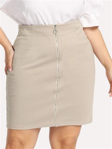 Shein Plus O Ring Zip Front Solid Skirt Solid Skirt Skirts Plus Size