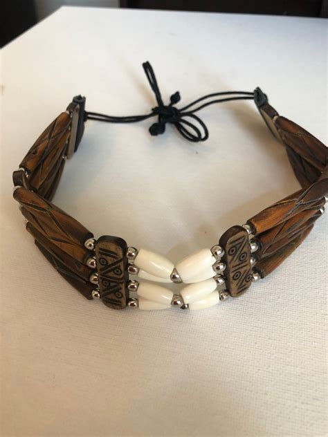 Buffalo Bone Hairpipe Necklace Choker Hand Crafted 4 Strand Of Brown Pipes With Smaller White