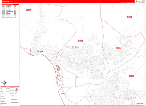 Ventura County, CA Zip Code Wall Map Red Line Style by MarketMAPS ...